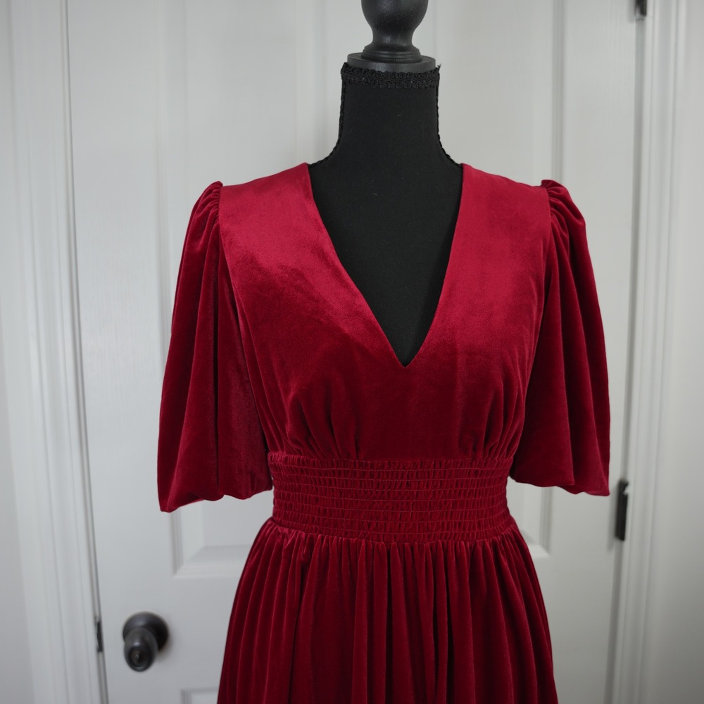 Antonio Melani‎ Red Velvet V-Neck Smocked Waist Ruffle Mini Dress Size 2 Holiday - Picture 2 of 15
